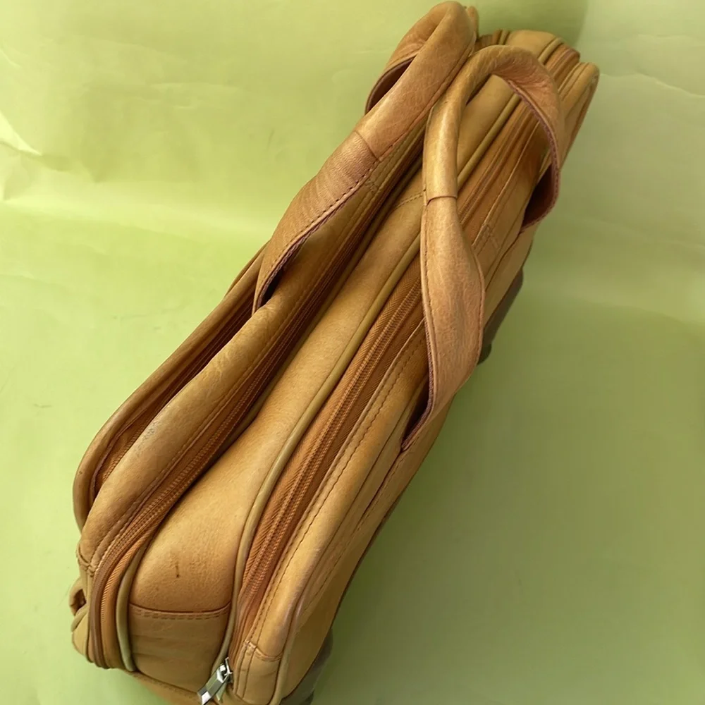 Vintage camel color Solo large leather convertible laptop bag