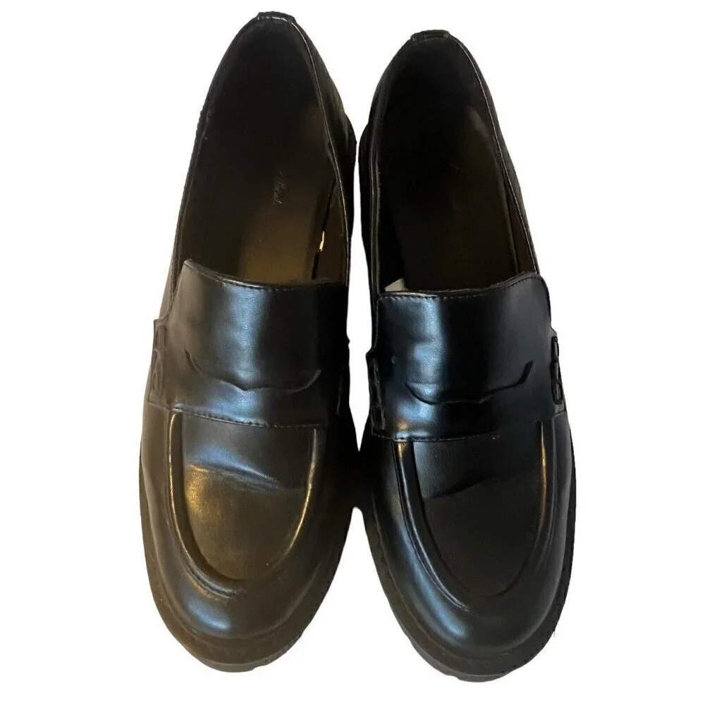 Womens 8.5 Chunky Platform Slip On Penny Loafer Black Faux Leather Lug Soles