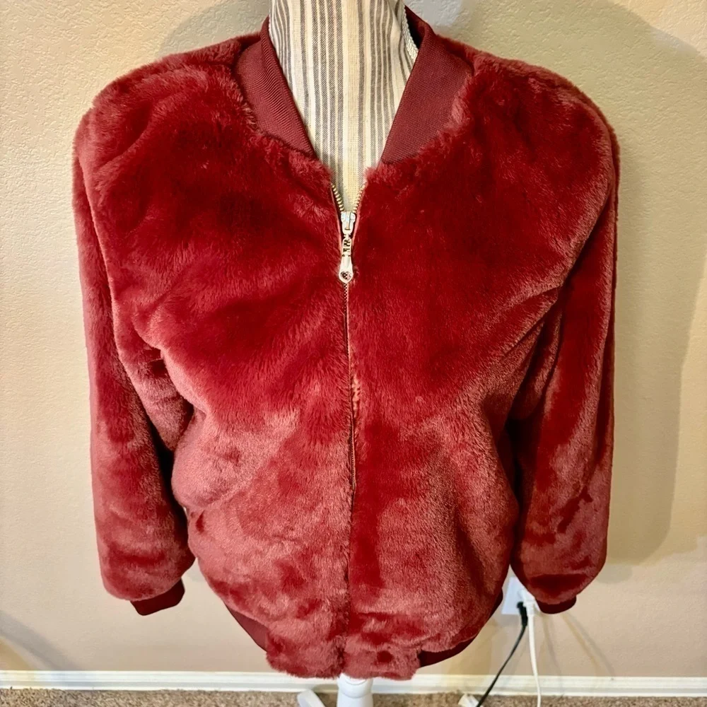 NEW Say What? Jacket Medium Faux Fur Maroon Red Teddy Bomber Jacket Cozy NWOT