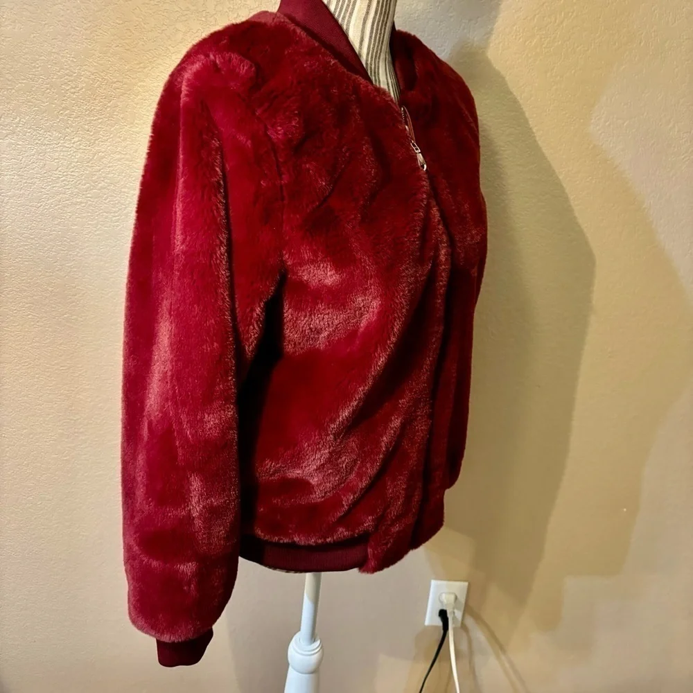 NEW Say What? Jacket Medium Faux Fur Maroon Red Teddy Bomber Jacket Cozy NWOT