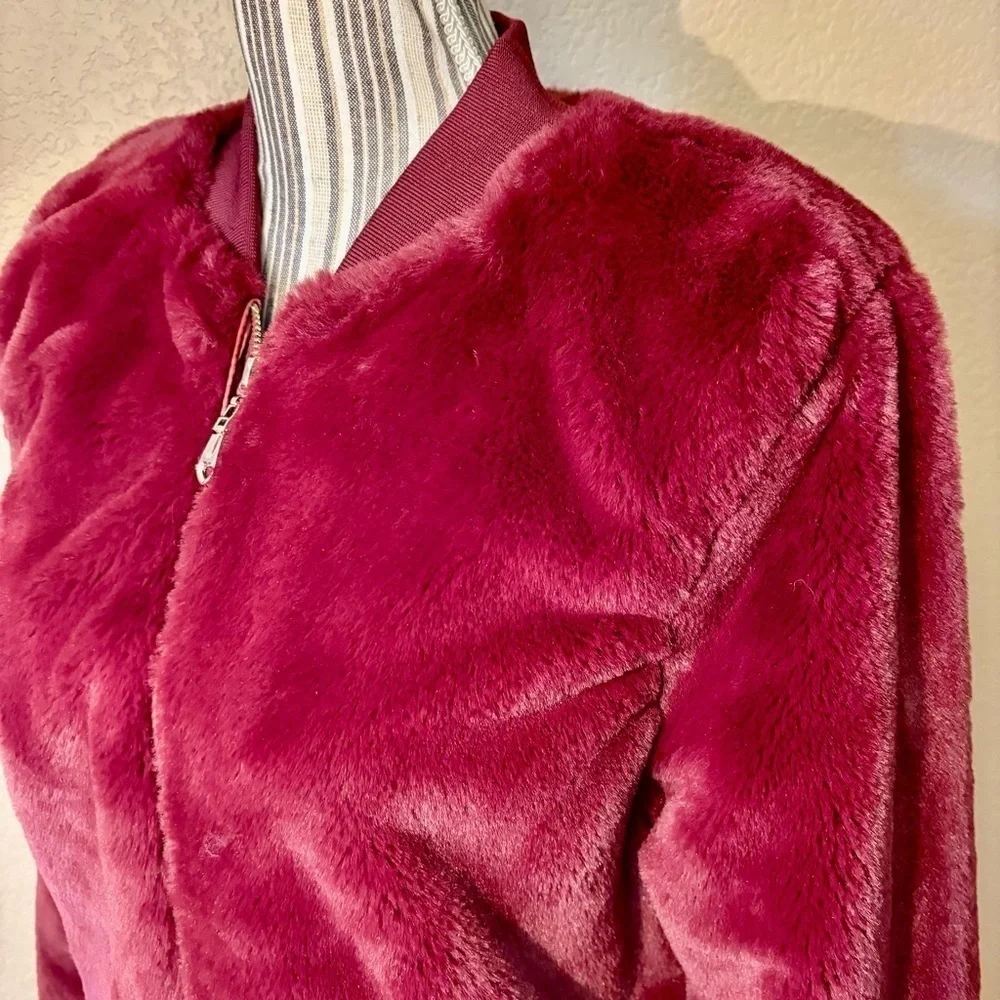 NEW Say What? Jacket Medium Faux Fur Maroon Red Teddy Bomber Jacket Cozy NWOT