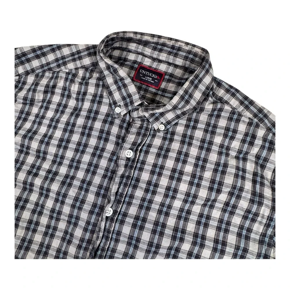 Untuckit Men's L Blue Gray Plaid‎ Cotton Long Sleeve Button Shirt