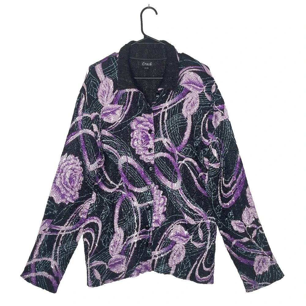 Crush Women Blouse 2X Floral Crinkle 80s‎ Long Sleeve Reversible Cyberpunk Rave