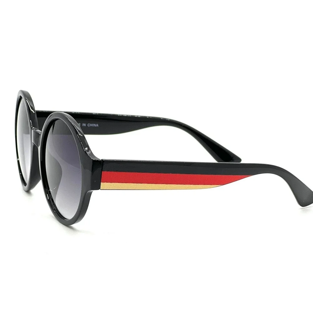 Round Oversized Sunglasses Women's Fashion‎ Black Frame Red Stripe UV400 Protect