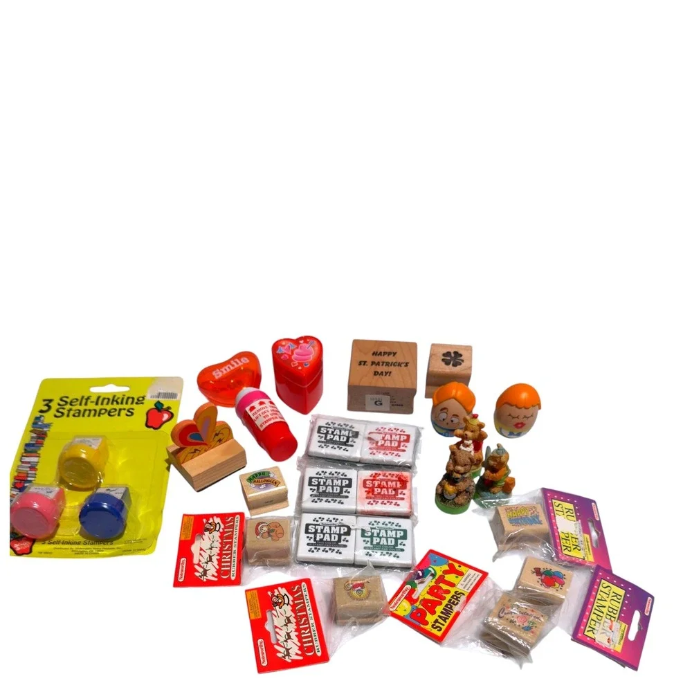 Vtg Mini Stamp Lot 90s Kidcore Holiday Sports Bear Egg Head Craft Set 19 +Pads‎