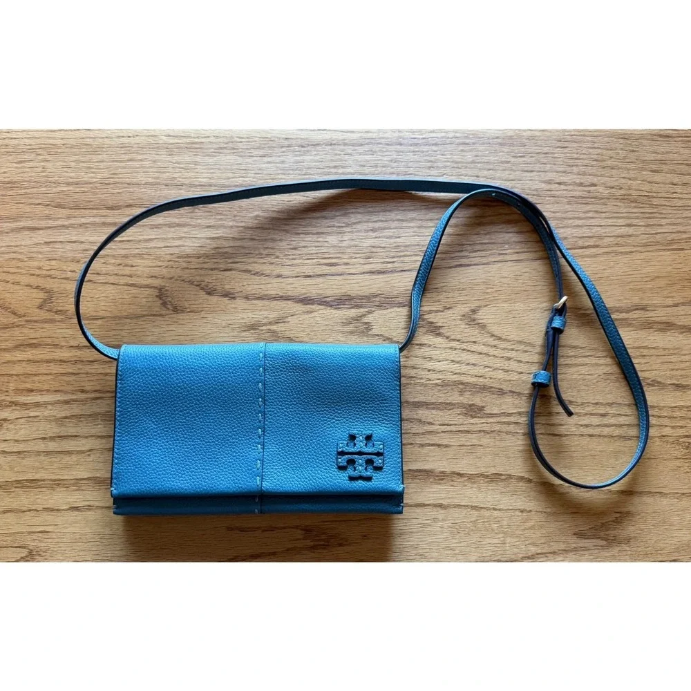Tory Burch McGraw Wallet  Pebbled Leather Crossbody Bag Teal Blue