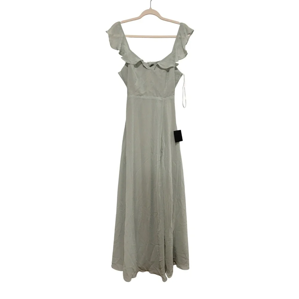 NWT Lulus Sweetest Entrance Sage Green Ruffled‎ Tie-Back Maxi Dress Sz S