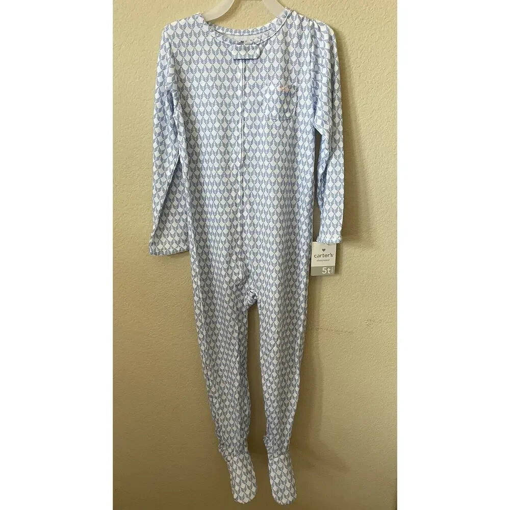 Carter's Blue Geometric Pink Bow Zip Up Girls' Footed Pajamas Size 5T
