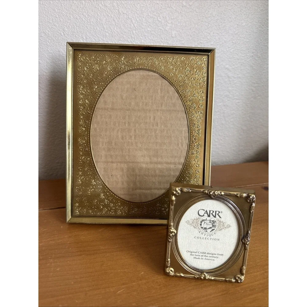 Pair Vtg Gold Tone Metal Picture Frames Embossed Filigree Border Oval Opening
