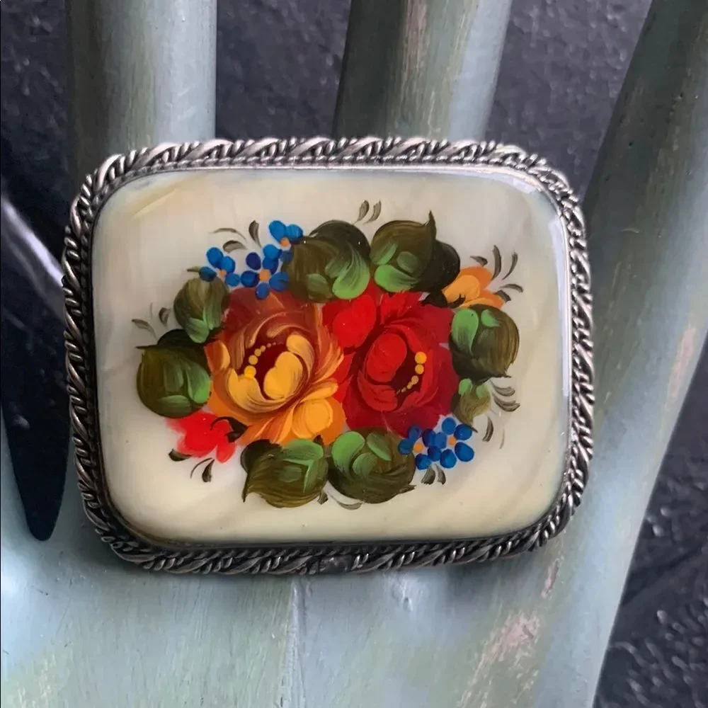 Vintage Hand-painted lacquer florals on MOP Silver Pin, Made in Russia