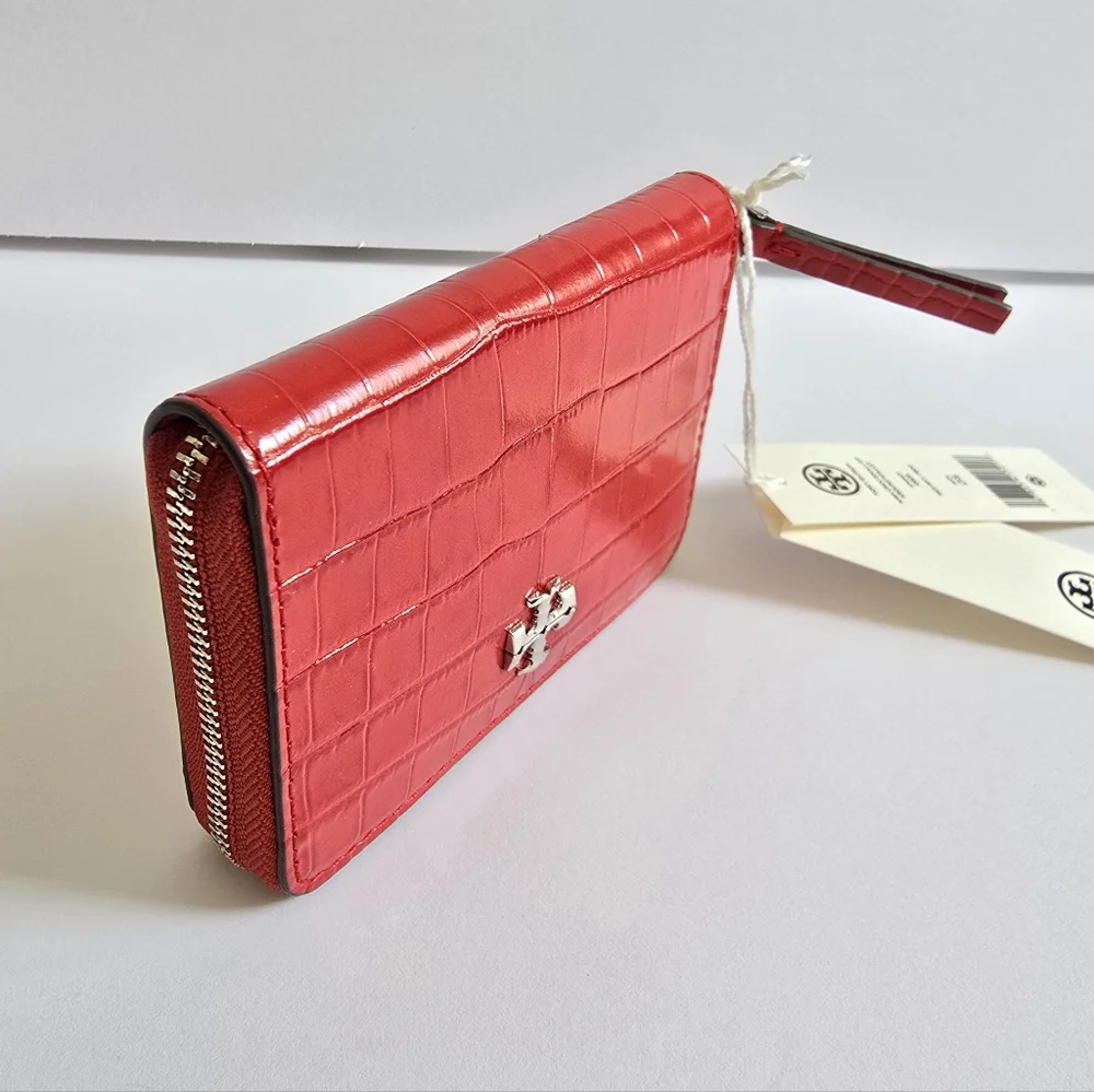 Tory Burch Small Kira Croc-Embossed Leather Zip-around Wallet Red Sky