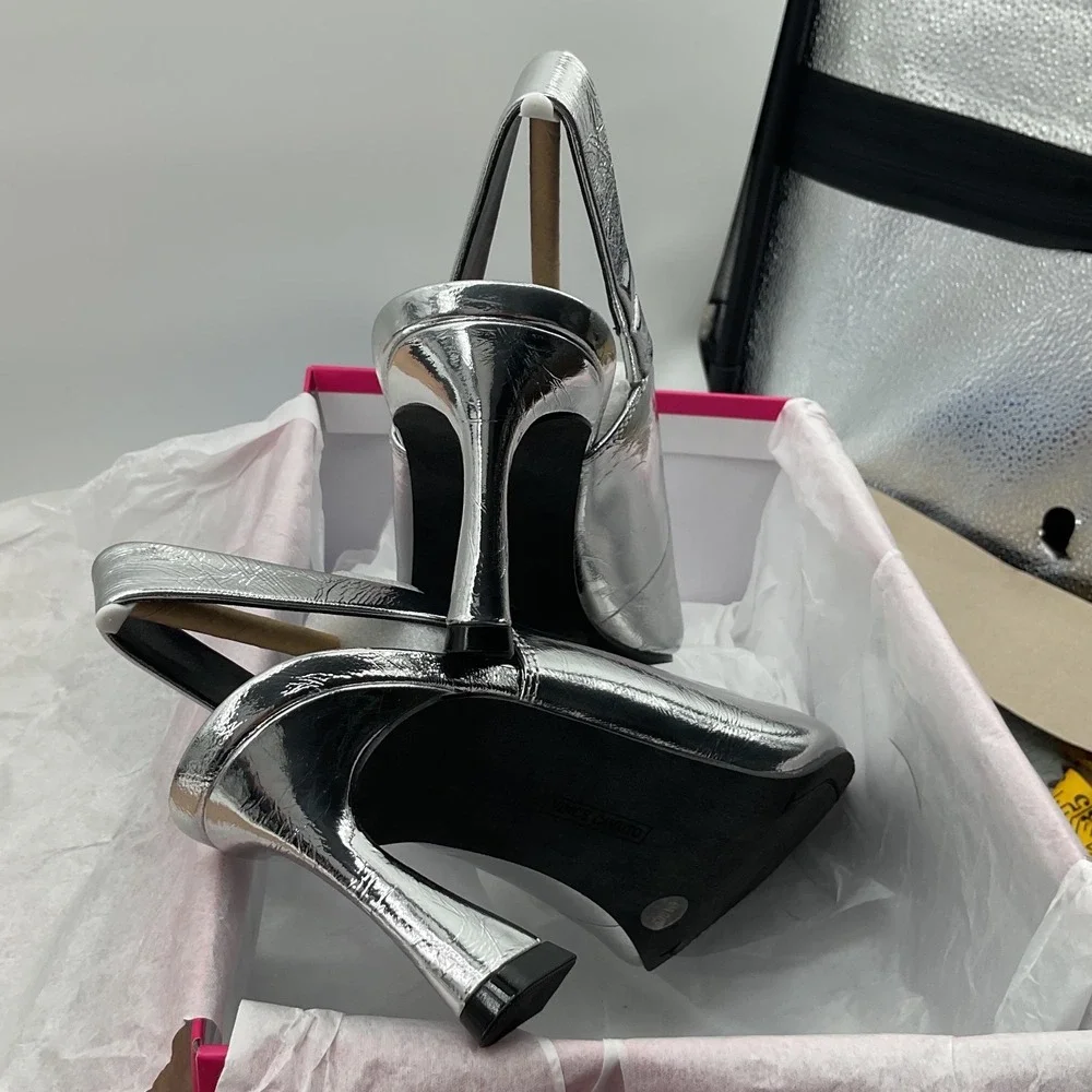 Vince Camuto Silver Metallic Slingback Pumps Square Toe Flared Heel New