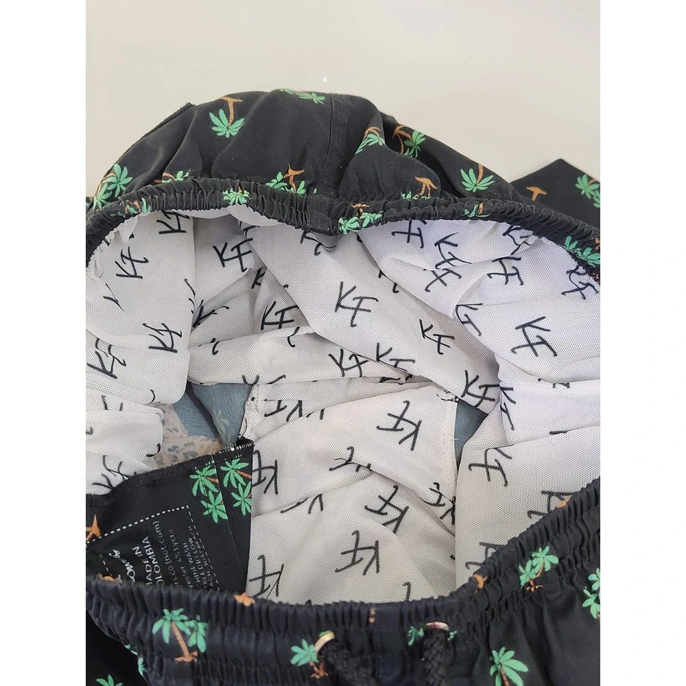 Kenny Flowers Swim Trunks Mens Medium Black Leopard Palm Tree Print Back Pocket