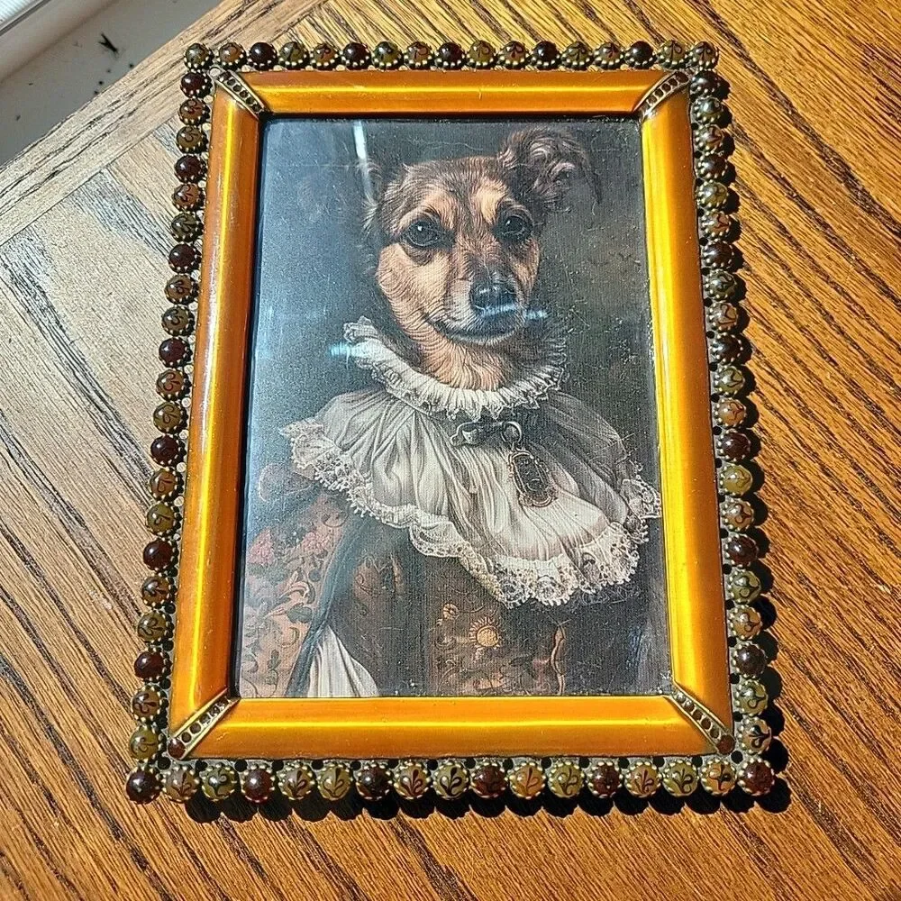 Vtg enamel & faux gemstone picture frame copper 4x6 photo Royal Dog art print
