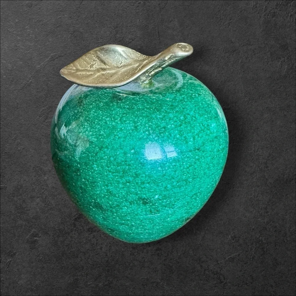 Vintage Green Marble Apple Paperweight with Brass Stem & Leaf