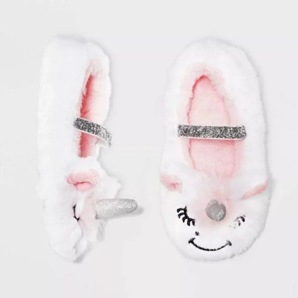 Cat & Jack Girls Slippers Size 12-24M White Pink Unicorn Fuzzy Plush Shoes