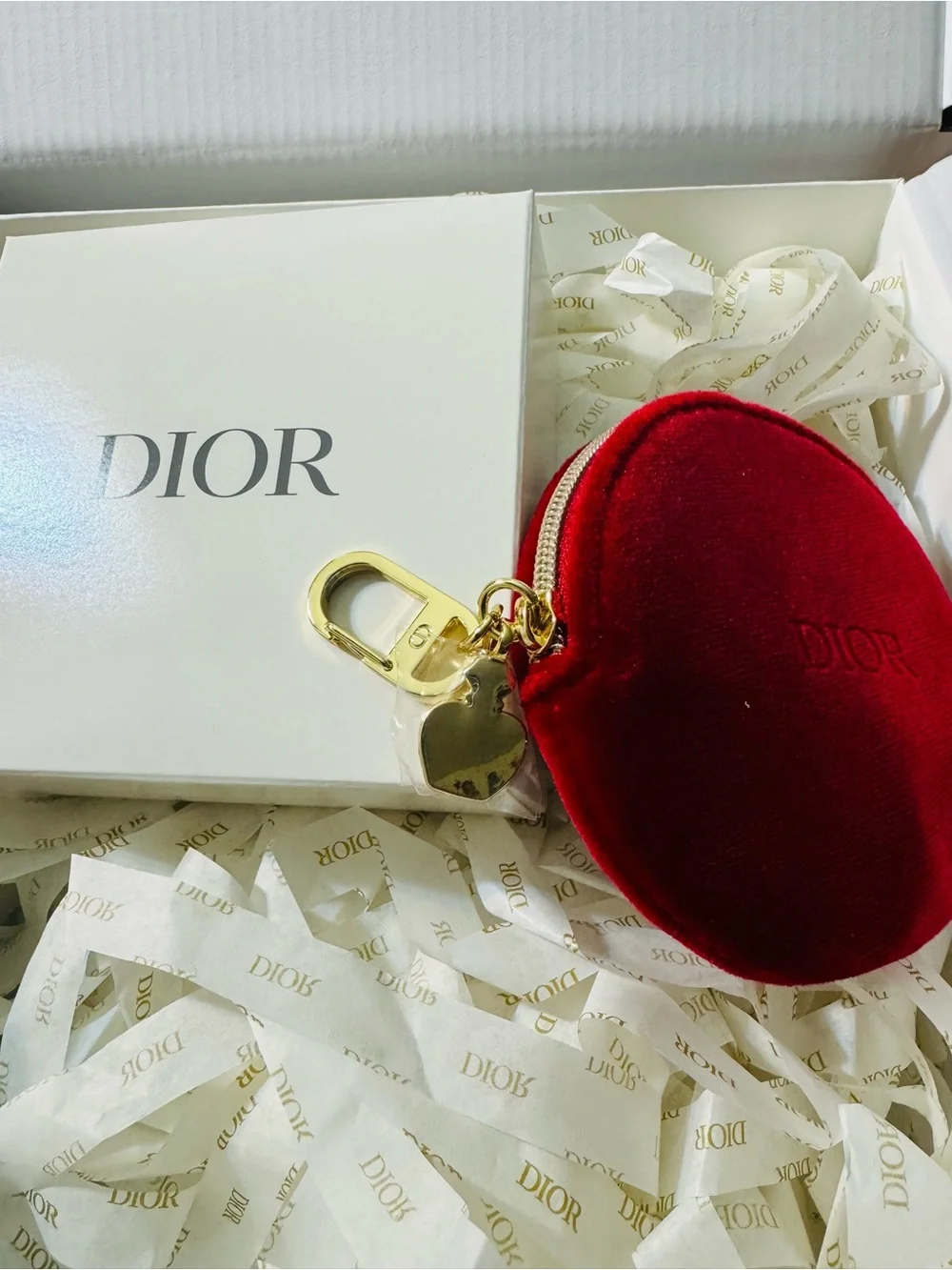 Dior Red Velvet Round Bag Charm Zip Key Pouch with Gold Hardware