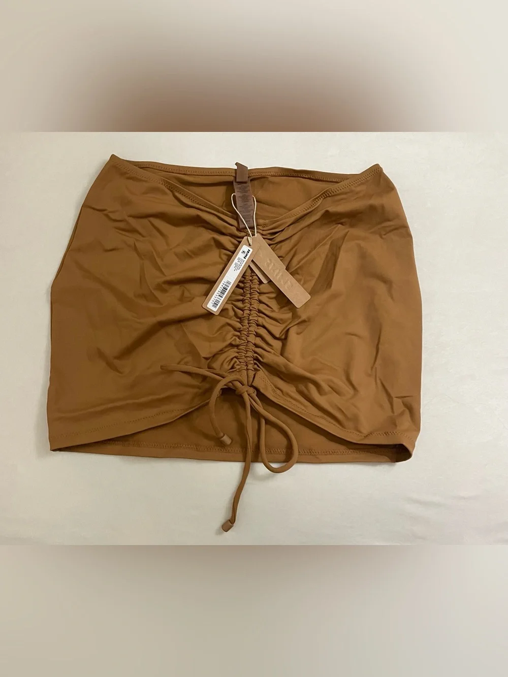 Skims Swim NWT Ruched Drawstring Mini Skirt Cover up Almond Brown Size XXS