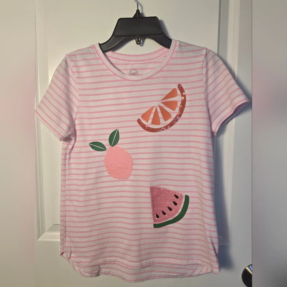Wonder‎ Nation Pink Striped Tee with Color Change Fruit Accents