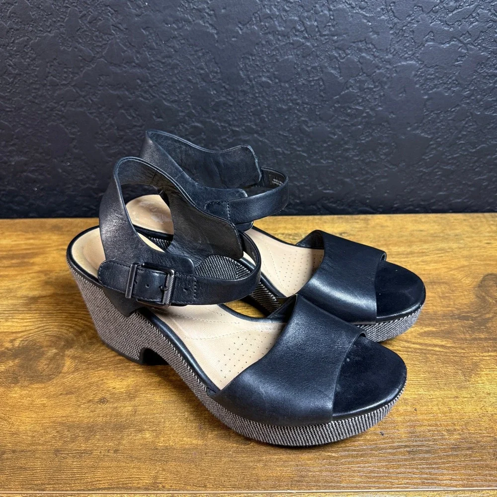Clarks Jillian Jewel 261401134055 Black Leather Platform Sandals Womens Size 8