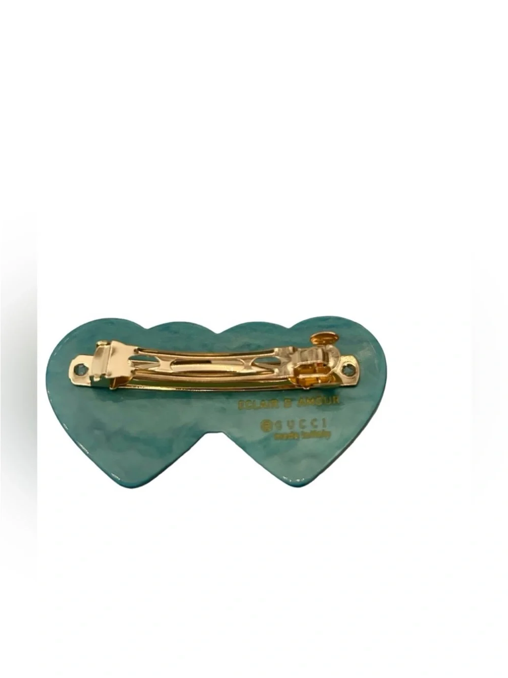 Gucci Red and Teal Double Heart Crystal Logo Hair Clip
