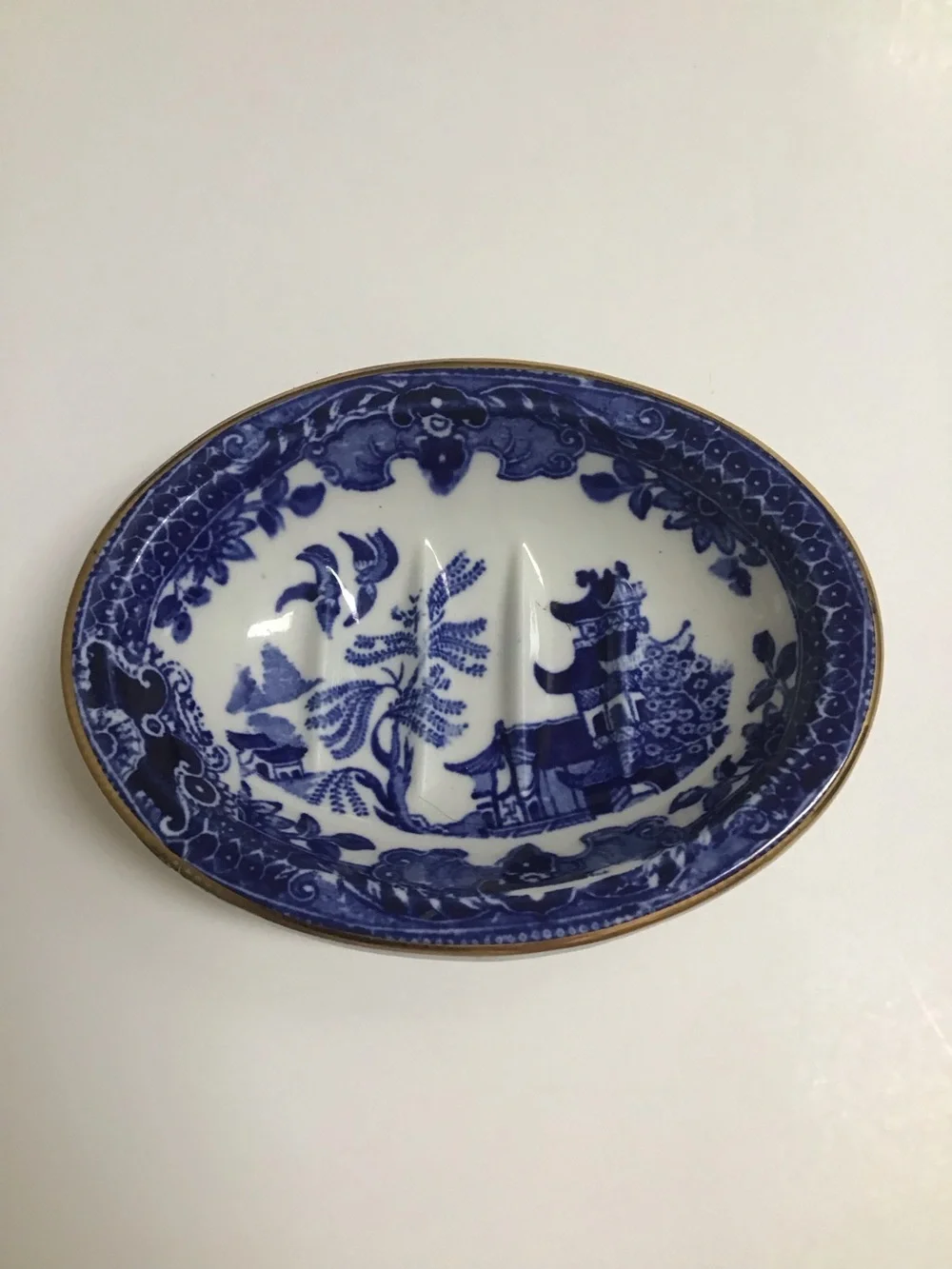 Blue Willow Antique 1920's England Burleigh Ware Oval Soap Dish Ridges Gold Rim