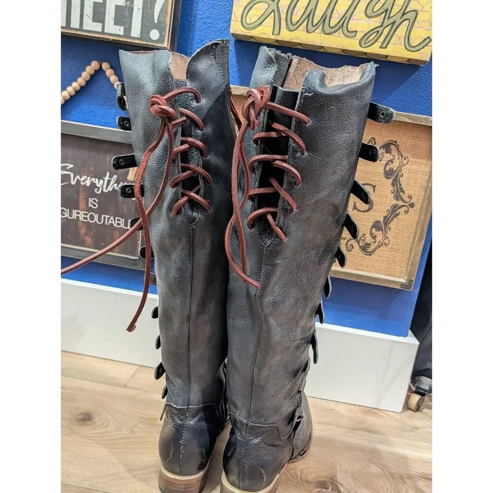 Freebird by Steven Rylan Boots Navy Buckles Boho Steampunk Western Womens 9 RARE