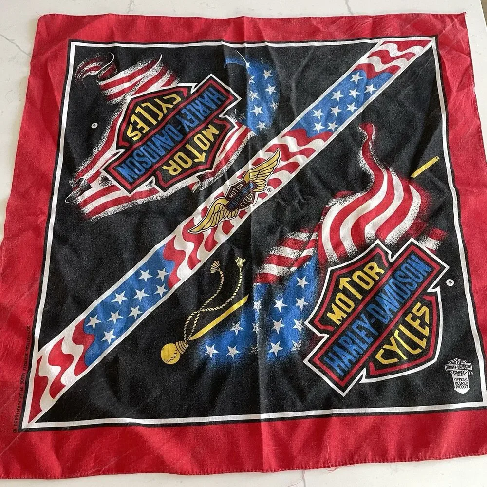HARLEY DAVIDSON BANDANA DOUBLE BAR & SHIELD USA FLAG VINTAGE MADE IN USA 22