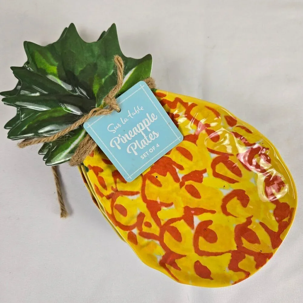 Sur La Table Pineapple Plates Melamine Set of 4 Yellow Green Textured NWT