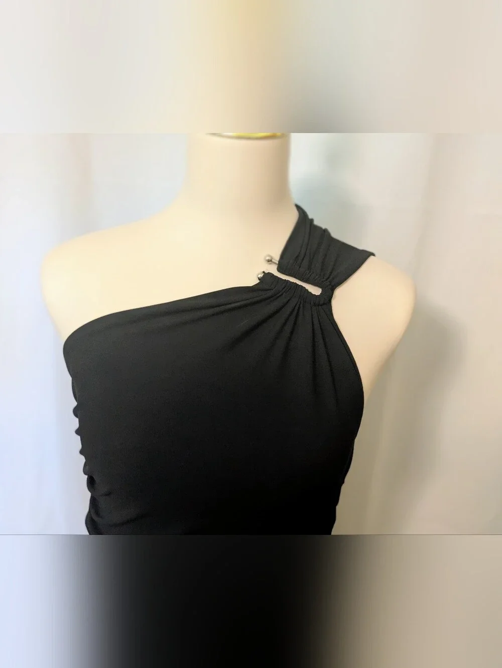 Michael Kors One-Shoulder Black Ruched Gown with Shoulder Hardware