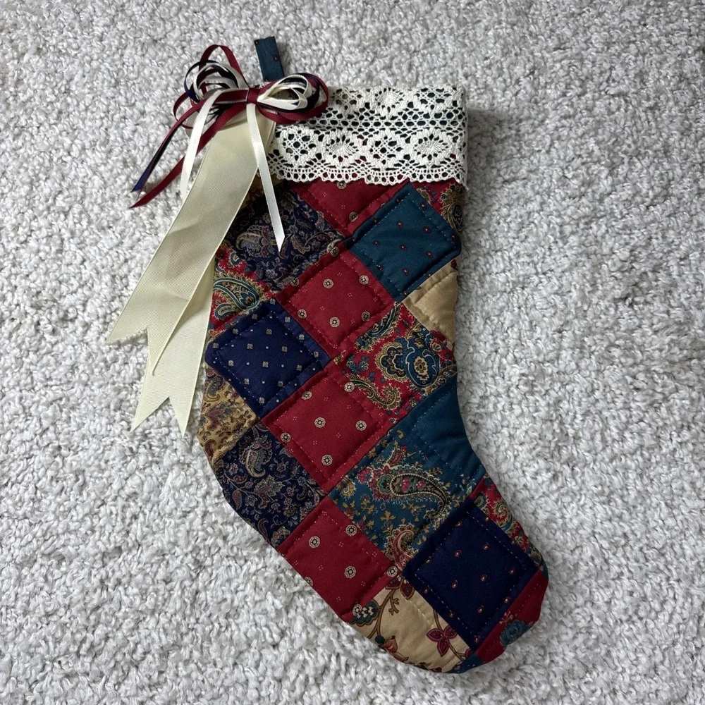 VINTAGE Quilt Lace CHRISTMAS STOCKING Hand Stitched Cottagecore‎