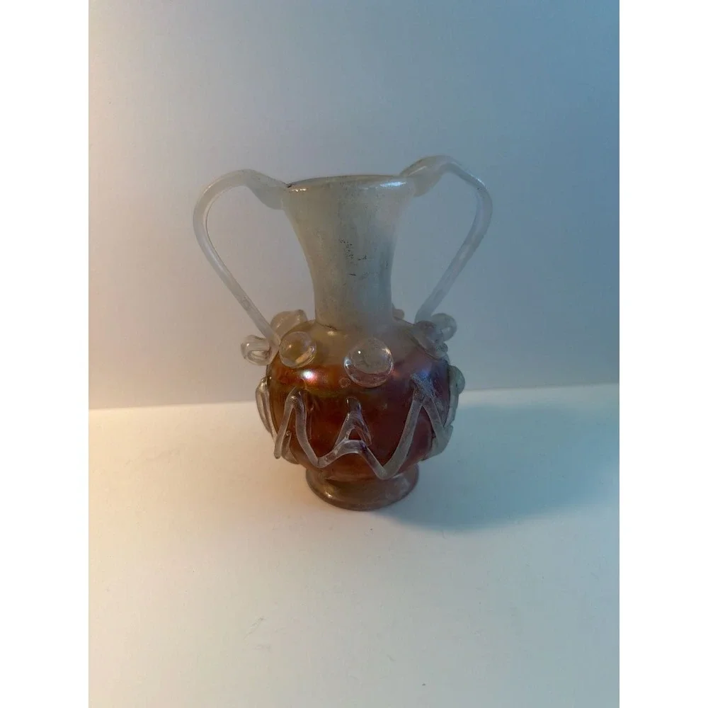 Vintage Murano Scavo Iridescent Art Glass‎ Vase w/Crimp Handles 5
