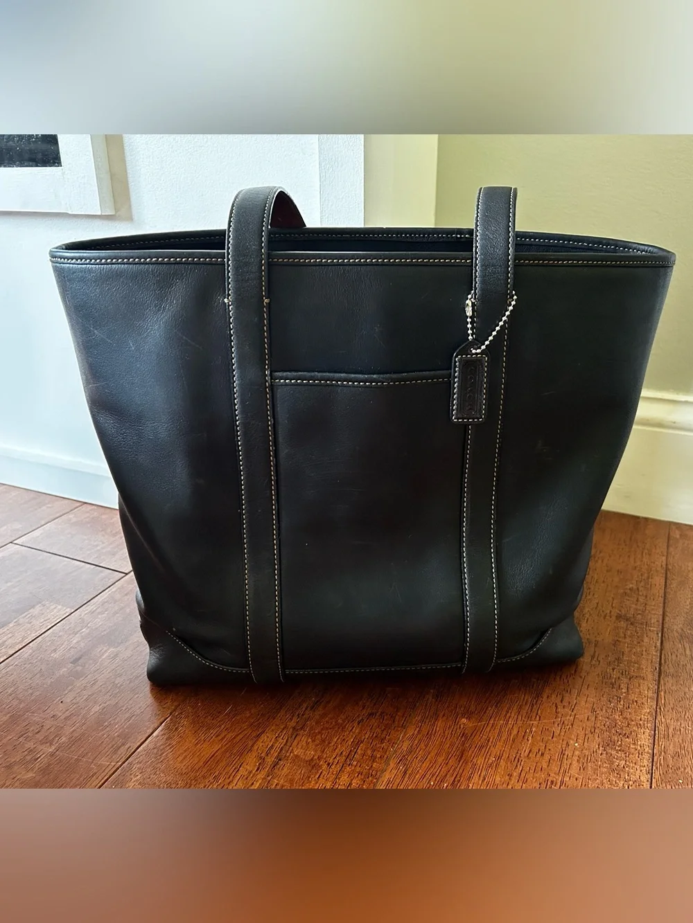 Vintage Coach Black Leather Tote w/ Brown Straps White Contrast Stitching 5188