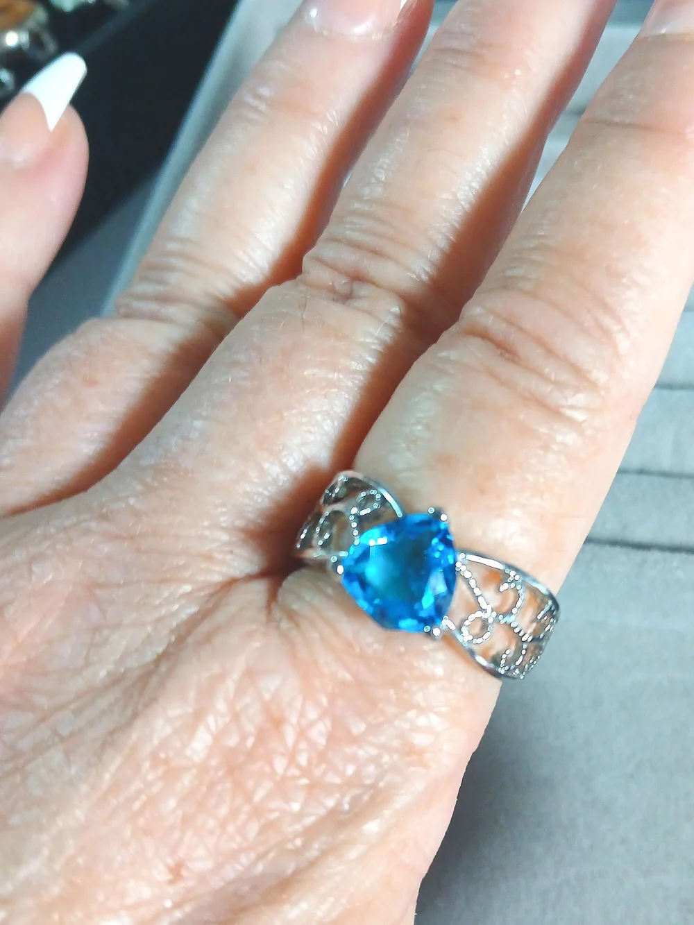 Blue Heart-Cut Gemstone Filigree Women's Ring In Sterling Silver.
