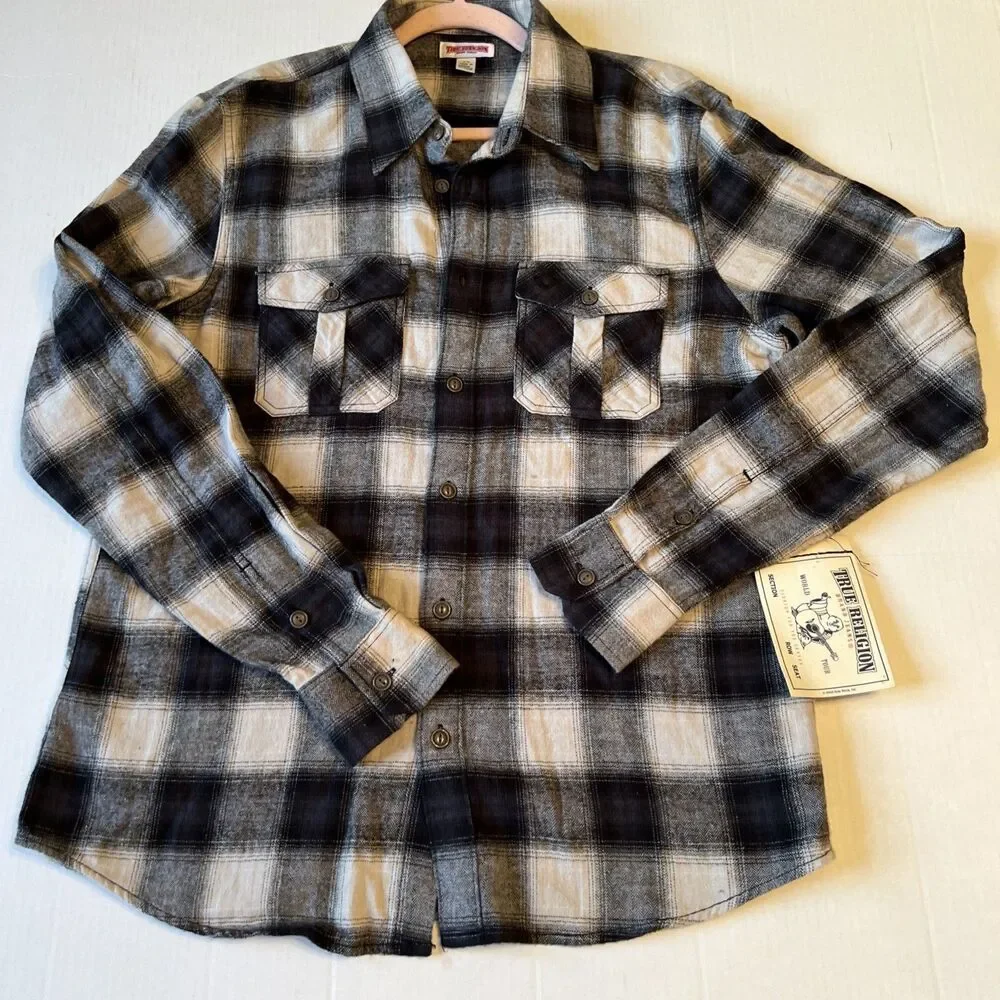 TRUE RELIGION Sz M Mens UTILITY FLANEL MidNight Moon Plaid Pocket L/S $132 NWT