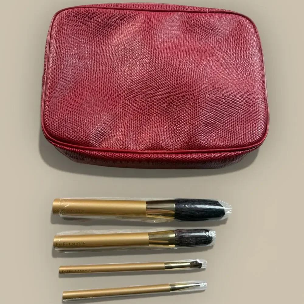 Estée Lauder Brush Set Powder Blush Eye Lip Red Makeup Cosmetic Bag Brand New