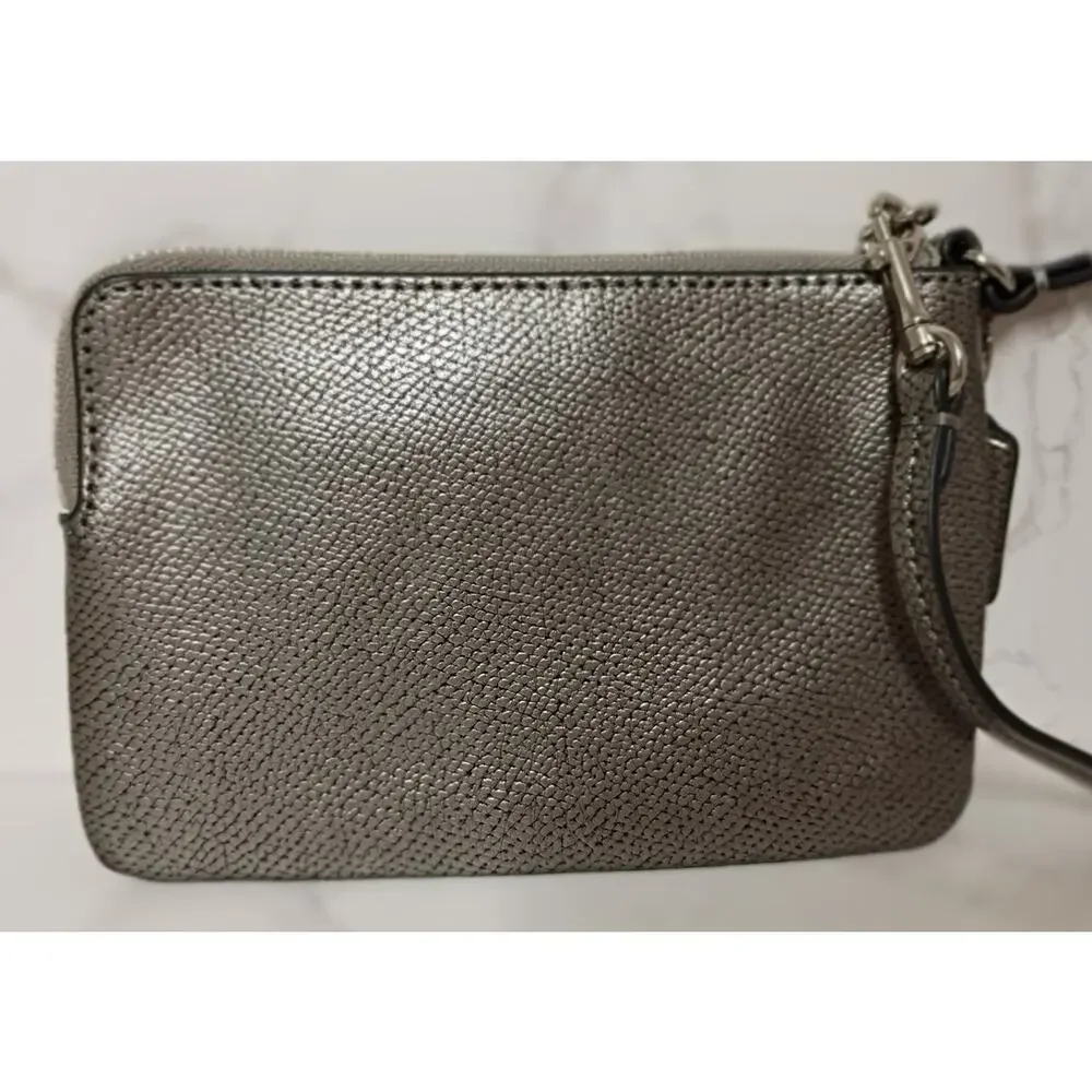 COACH Metallic Gunmetal Silver Leather Turnlock Bow Wristlet - NWT