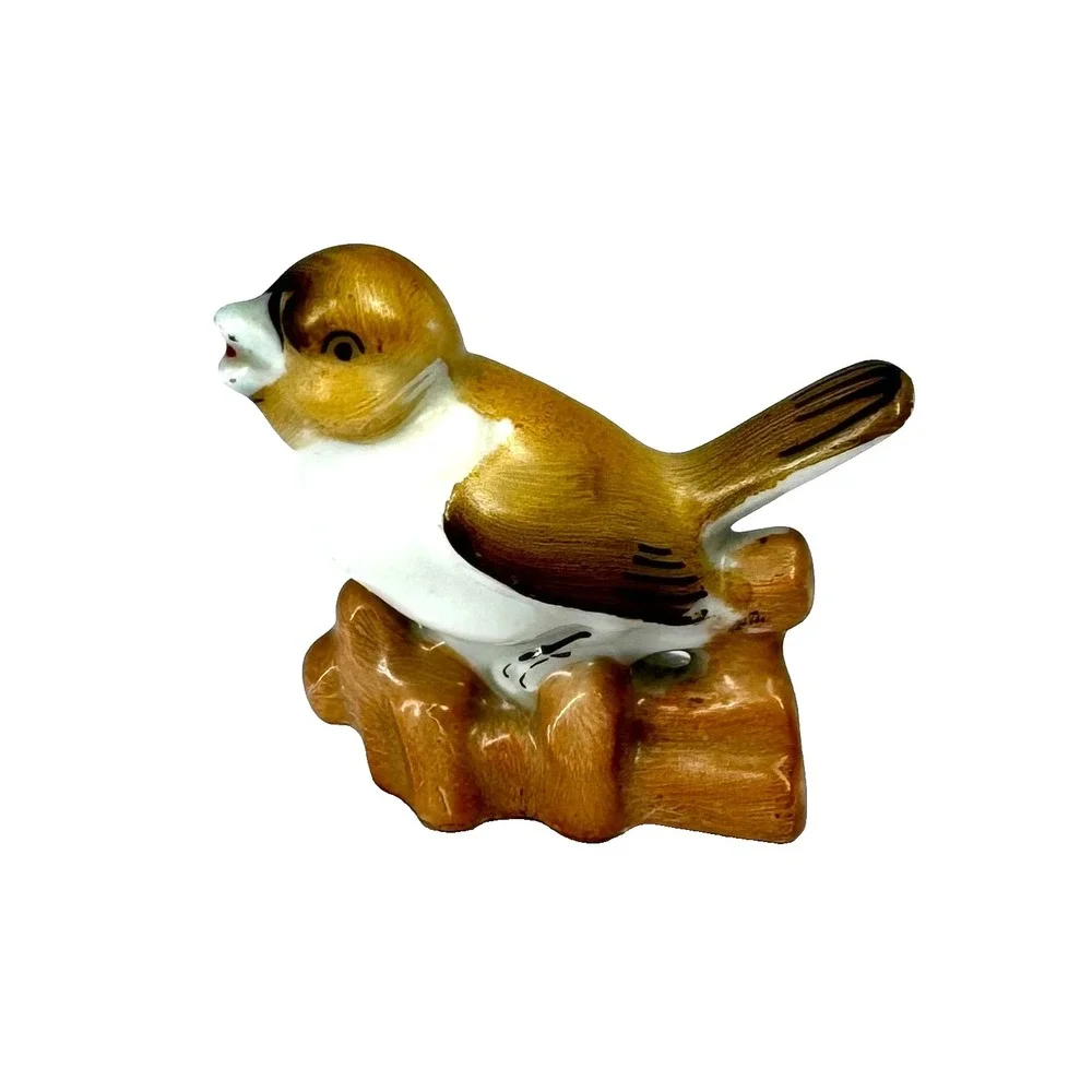 Vintage Occupied Japan Brown White Bird on Tree Stump Porcelain Figurine