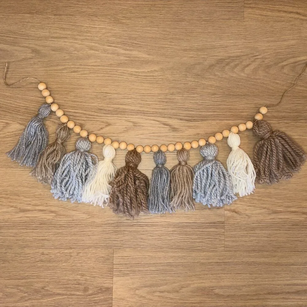 Bohemian neutral short yarn tassels with wooden beads hanging wall art