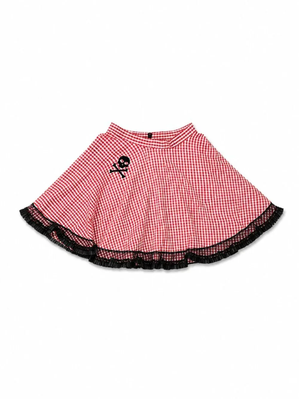 Skull and Star Red Checkered Midi Skirt with Lace Trim, Size Small