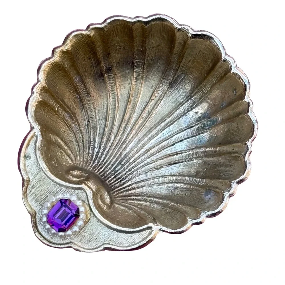 Vintage Seashell Trinket Dish‎ Purple Gem Pearl Accent