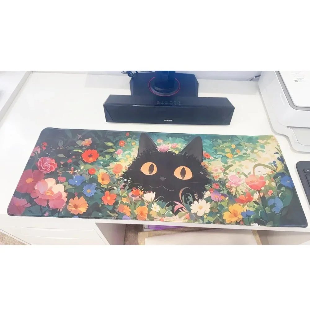 31x 11.5'' Black Cat in Floral Garden Extended Mouse Pad for Home Office