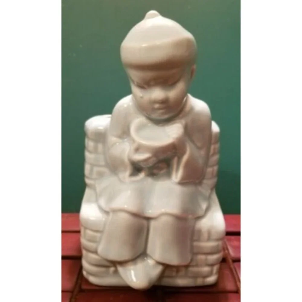 Vintage 1950s Blue Ceramic Vase Planter Chinese Monk In Traditional Costume