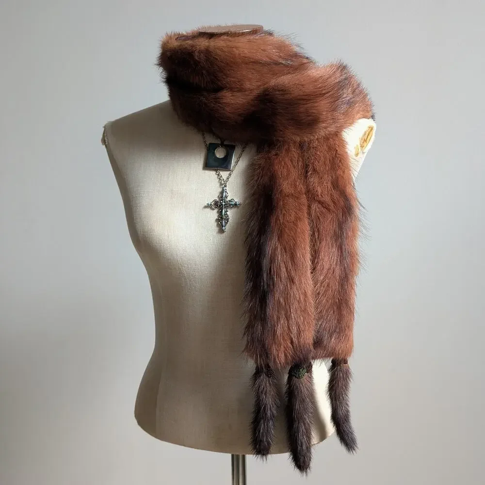 Vintage Red Mink Fur Stole Glam Mobwife Shrug Luxury Scarf Shawl Furry Collar