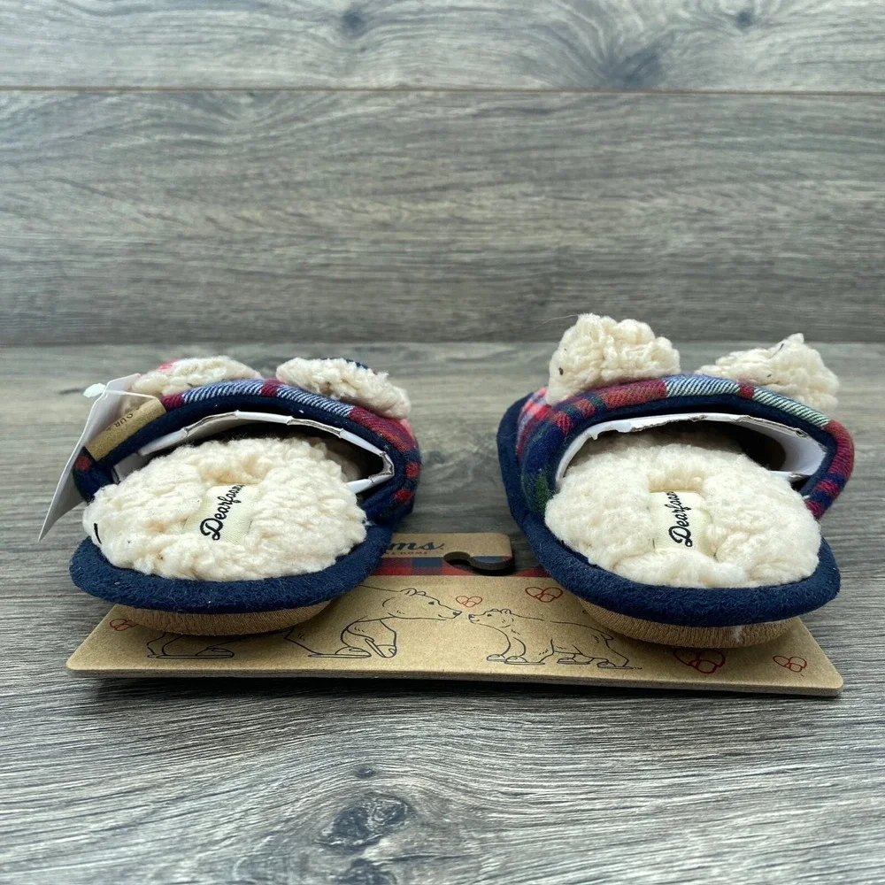 Lil Bear Dearfoam Slippers Youth Toddler Size 7 -8 ‎ Plaid Red Blue Comfort Cozy