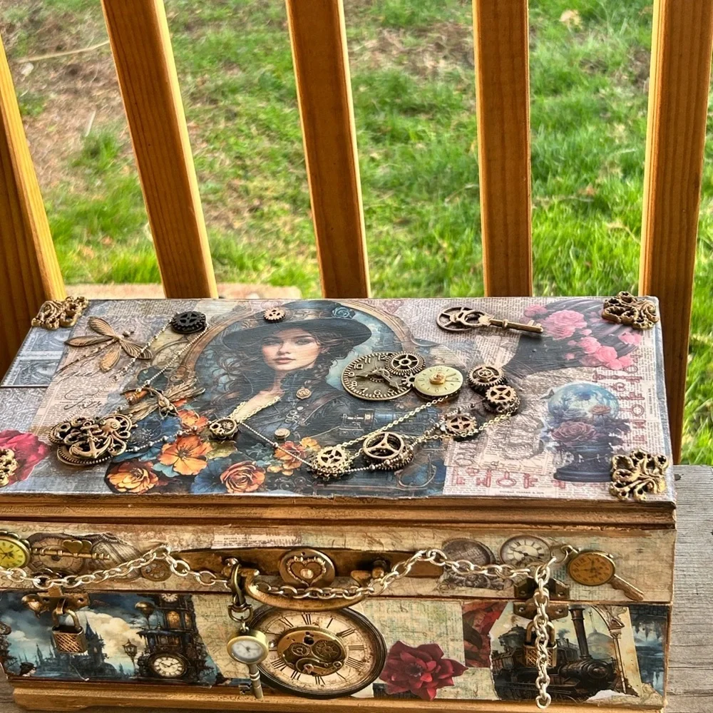Steampunk Jewelry Box #3 Handmade Vintage Victorian Gear Decor Blue Velvet int