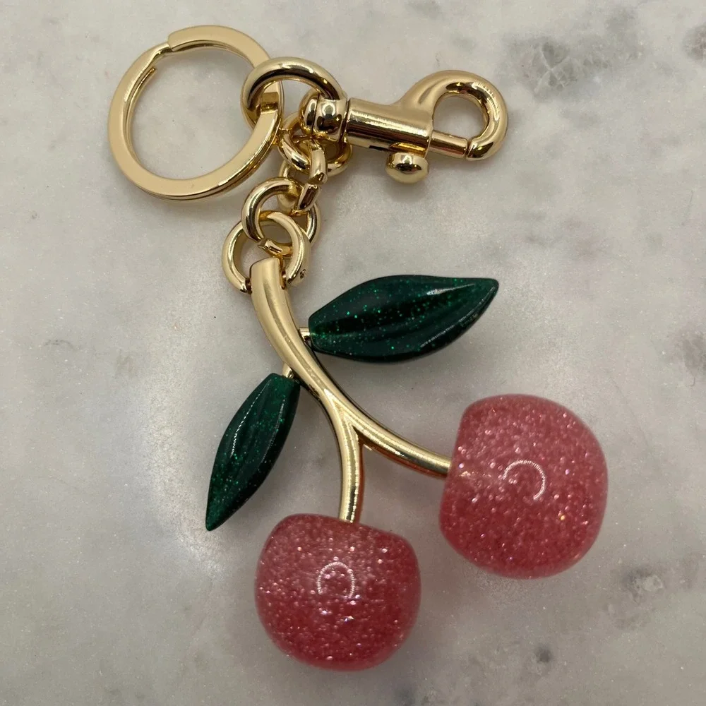 Cherry Bag Charm Keychain Pink Glitter Jumbo Resin Gold Tone Fruit New Accessory