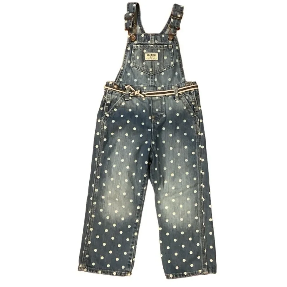 Oshkosh Polka Dot Overalls 3T Blue Denim Bibbed White Circles Tie Belt Vestbak