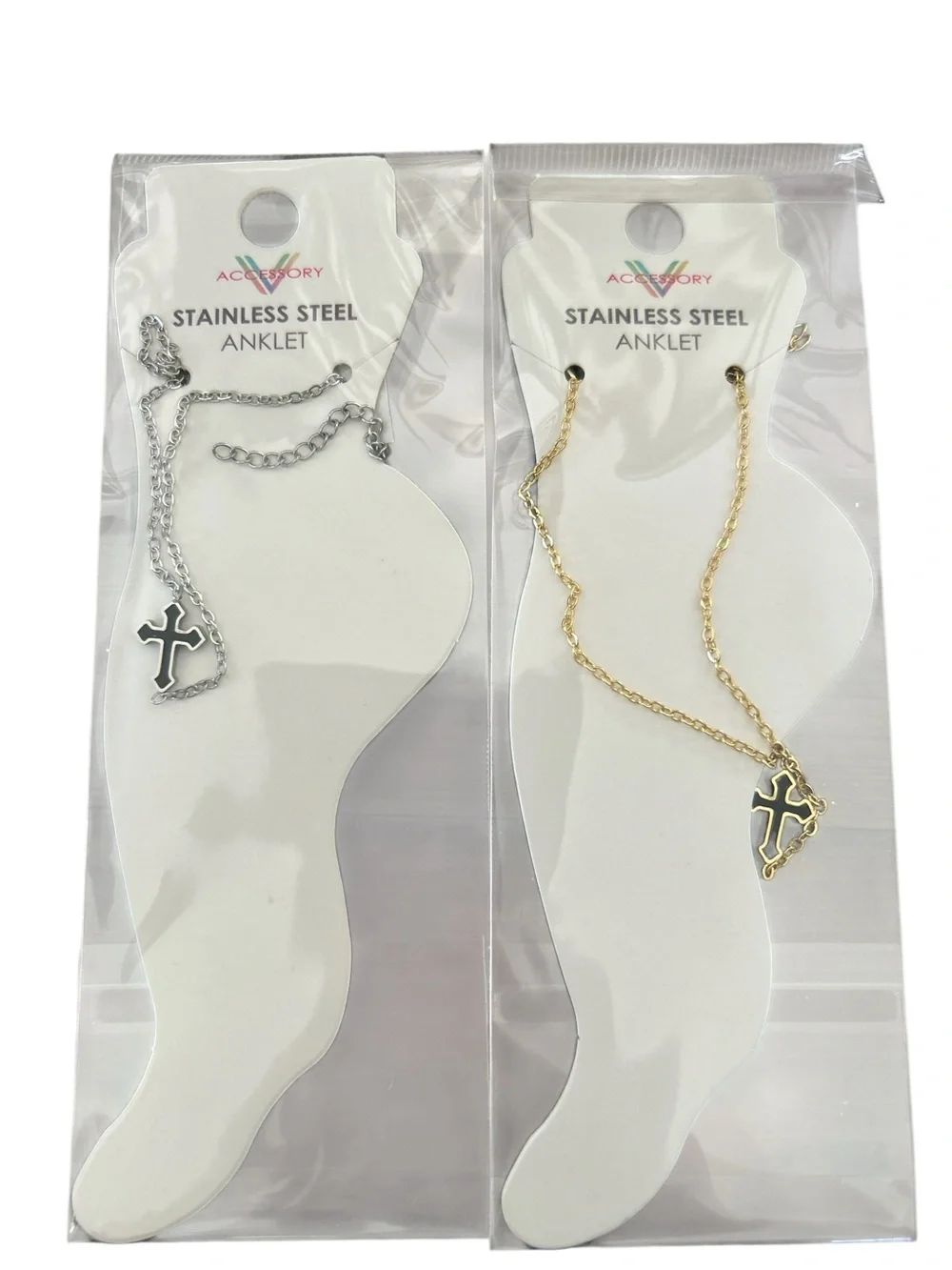 Stainless Steel Cross Anklet - Set of Silver & Gold