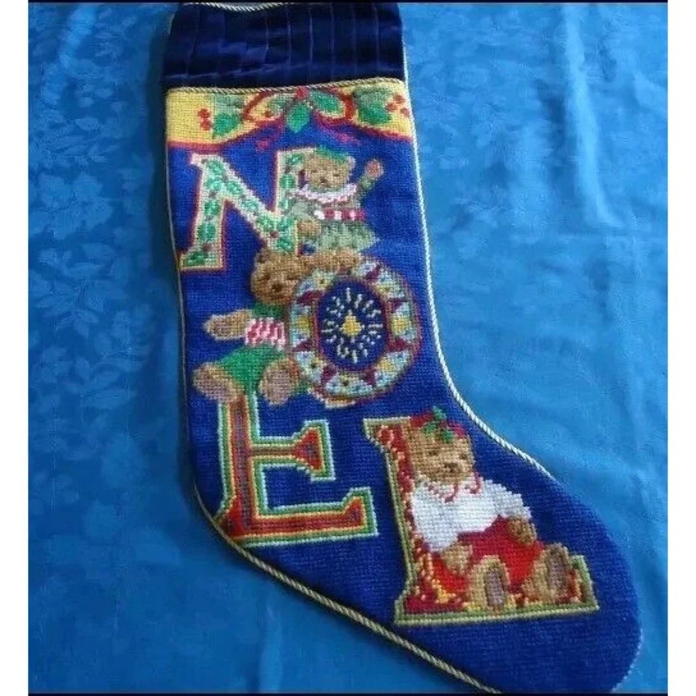 Christmas Stocking Needlepnt NOEL Bears Navy Blue‎ Velvet Gold Trim X Stitch EUC